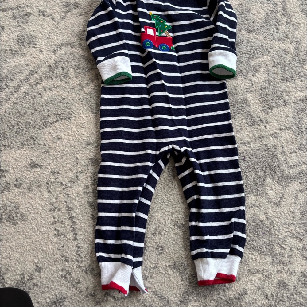 Florence Eiseman Navy and White Striped Footie with Truck Design